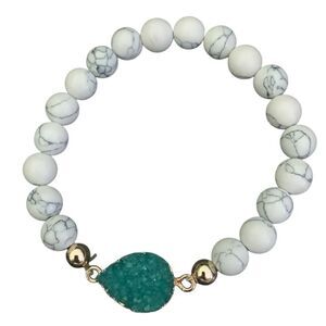 Teal Blue Stone Bracelet - Faux Drusy Druzy Quartz, Howlite Beads- Stretch NEW